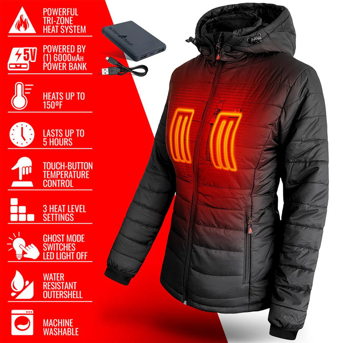 ActionHeat 5V Women's Insulated Puffer Battery Heated Jacket W/ Hood (8840220508325)